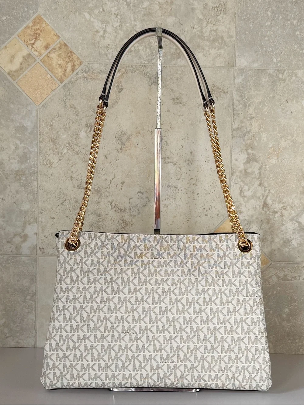Michael Kors Christina MD Triple Gusset Chain Shoulder Crossbody Bag MK Light Cr